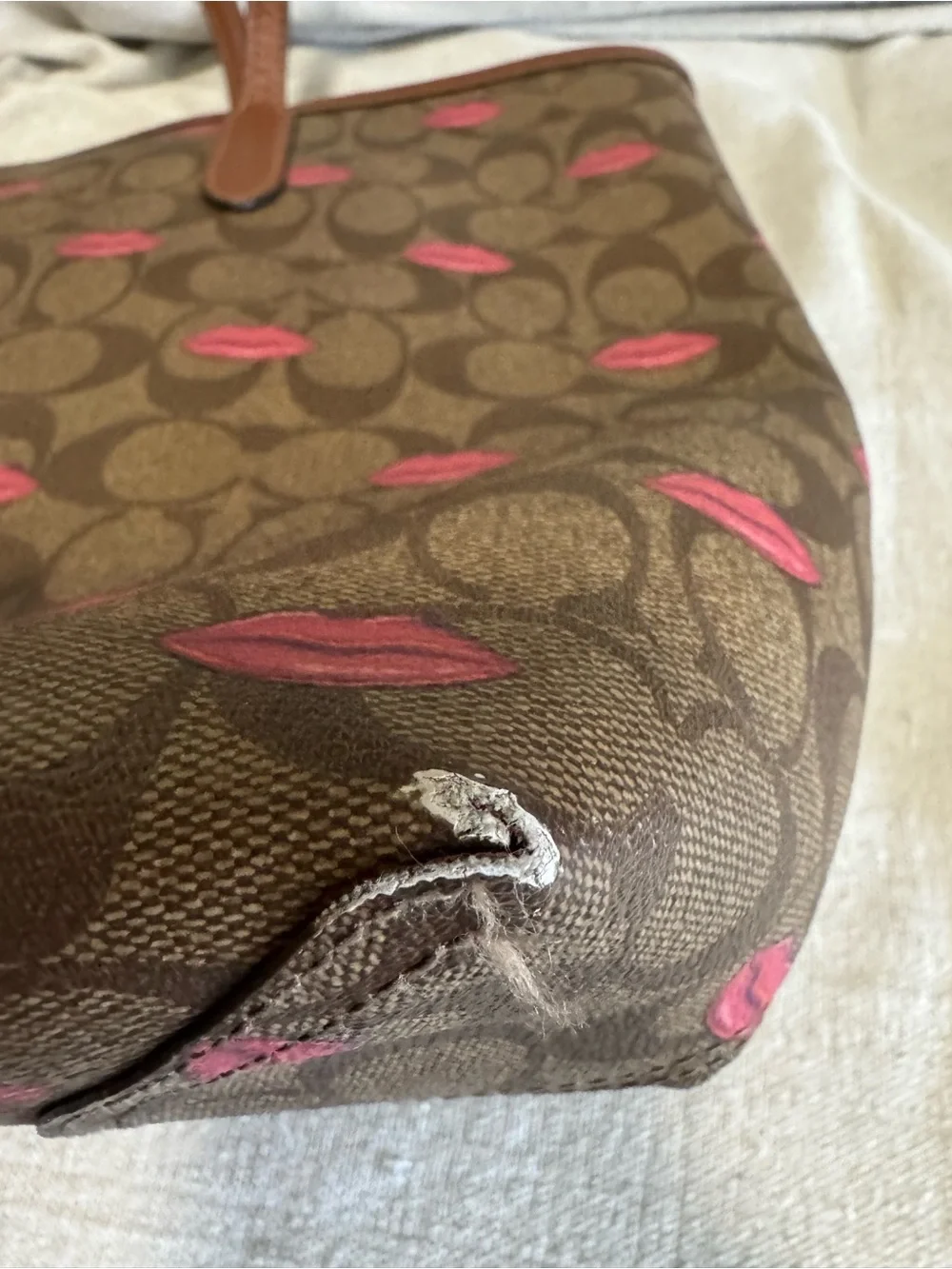 Coach Signature Canvas Kiss Print City Tote Brown & Pink